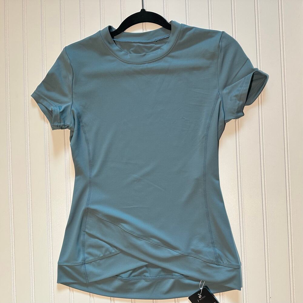 AKEWEI Women Teal Stretch Workout Tunic Tee Short Sleeve Athletic Top Size S NWT